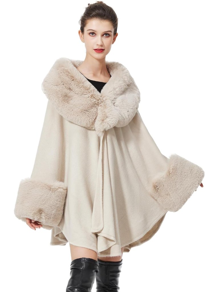 Women Faux Fur Shawl Winter Wrap Sleeveless Coat Cape With Fur Trim Cardigan Clo